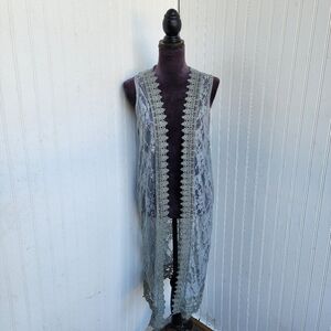 Polly Esther Gray Green Lace Open Front Blouse Duster Womens Stretch Nylon Sz M